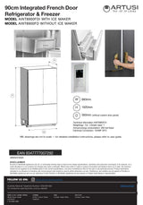 Artusi AINT8900FDI 90cm 439L Integrated French Door Refrigerator wit Ice Maker