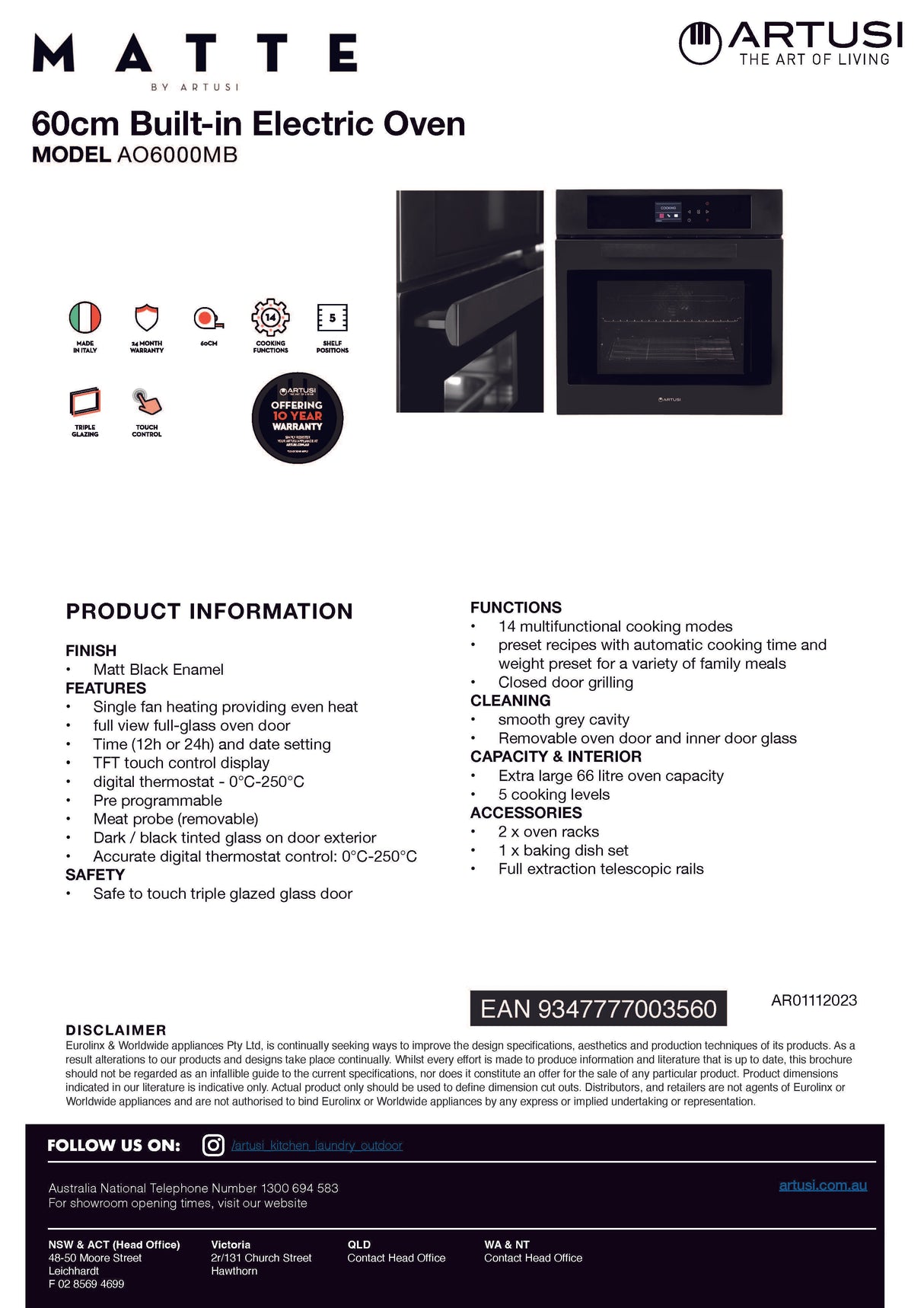 Artusi AO6000MB 60cm Built-in Electric Oven
