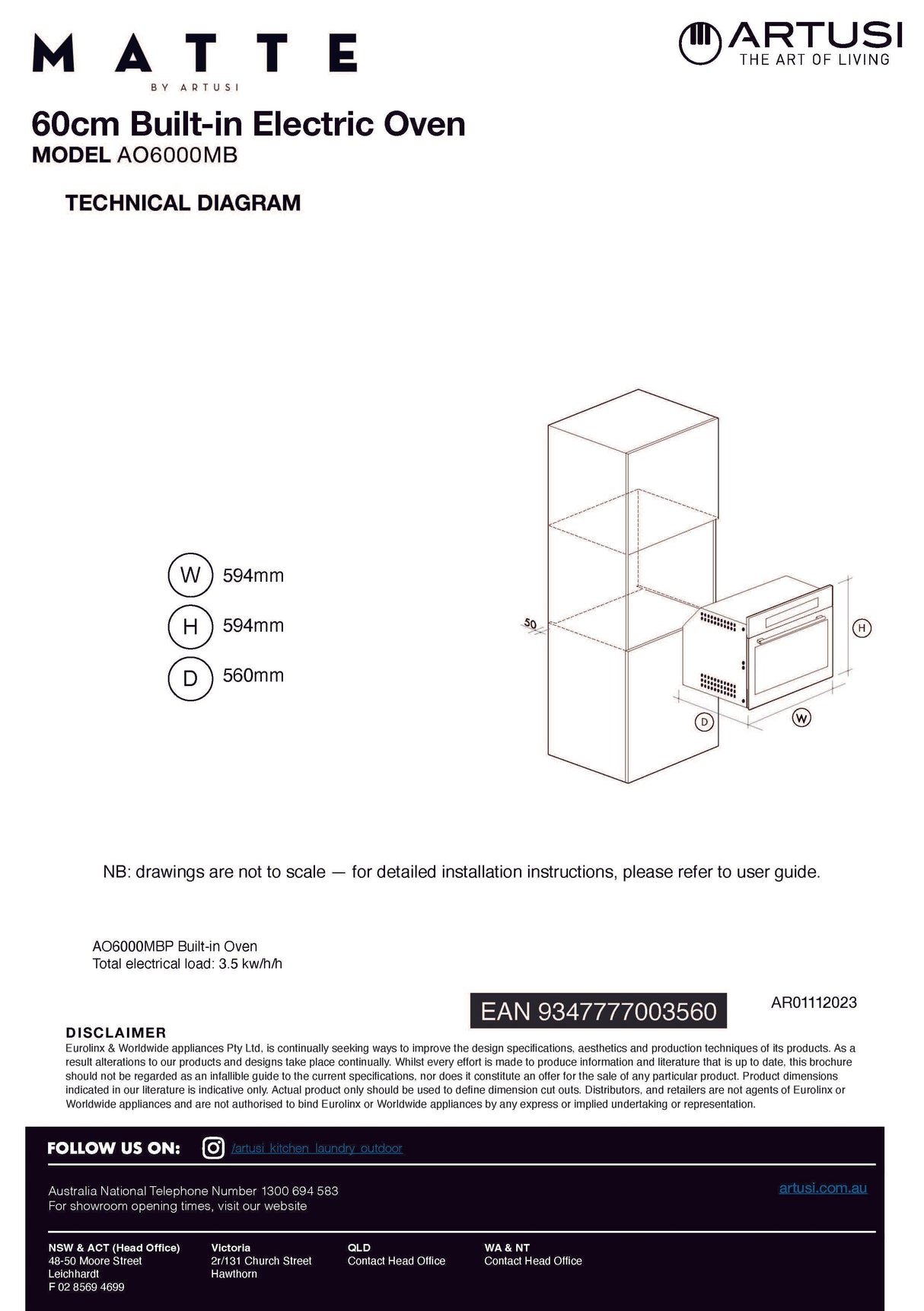 Artusi AO6000MB 60cm Built-in Electric Oven