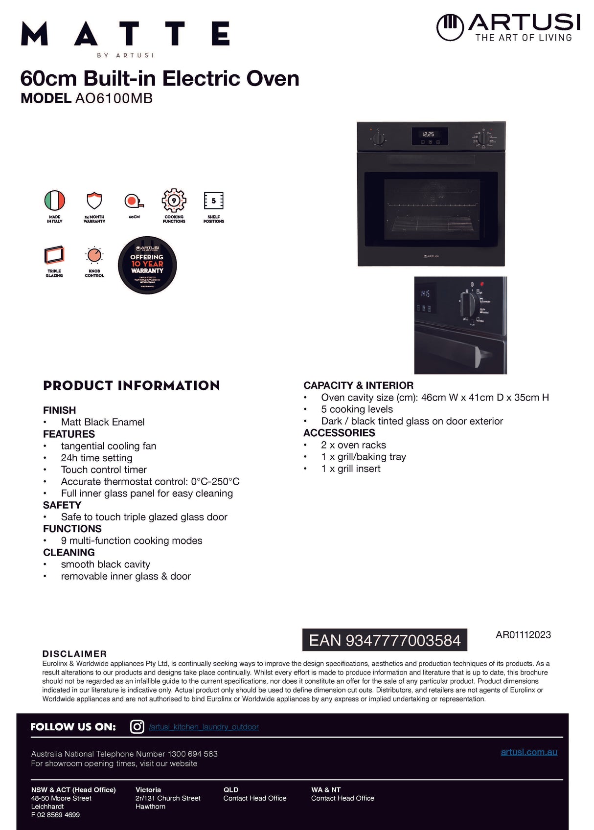 Artusi AO6100MB 60cm Built-in Electric Oven