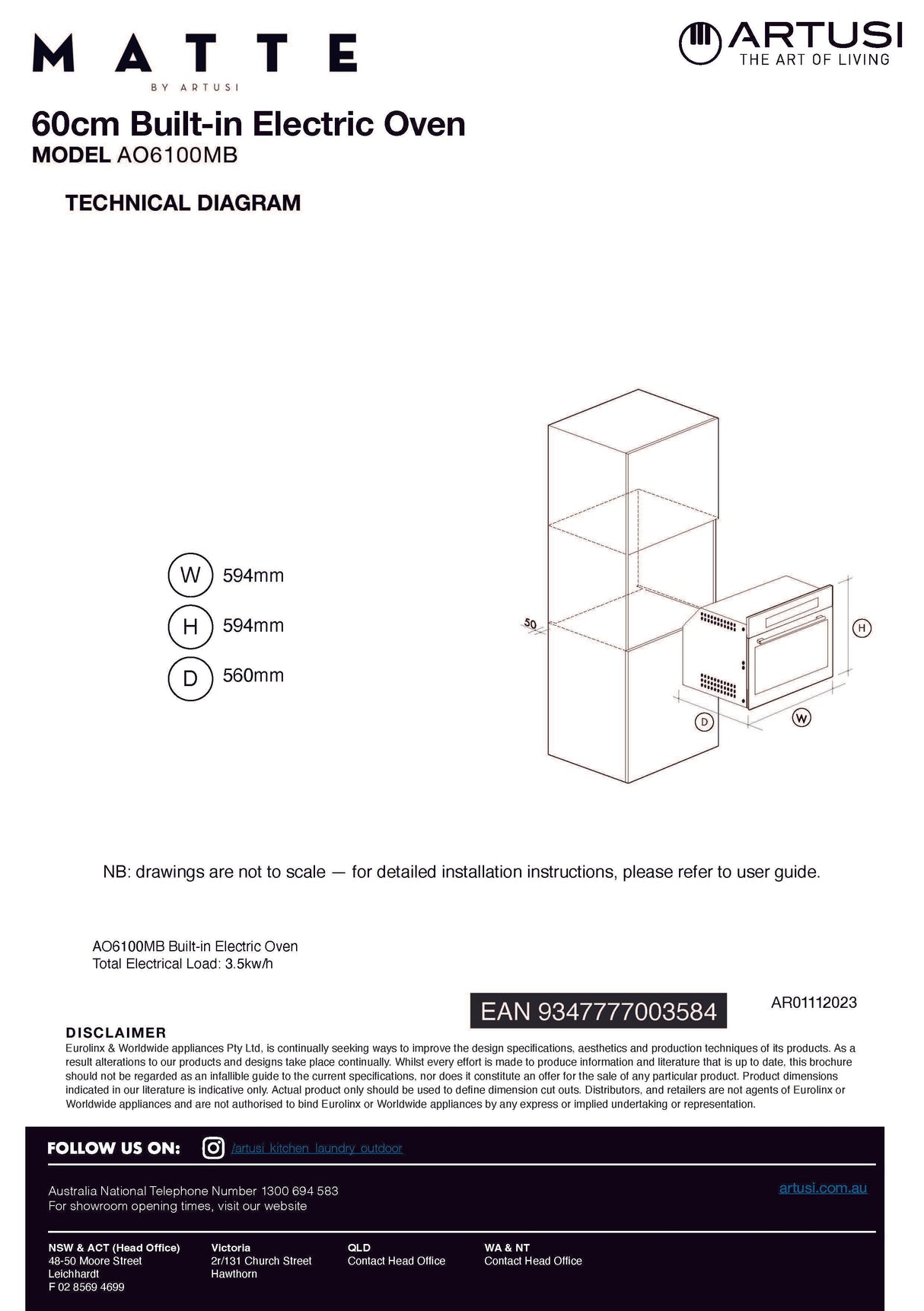 Artusi AO6100MB 60cm Built-in Electric Oven