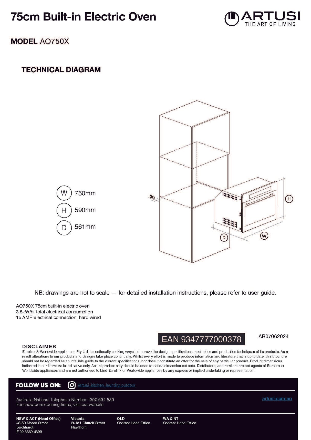 Artusi AO750MBP 75cm Built-in Pyrolytic Oven