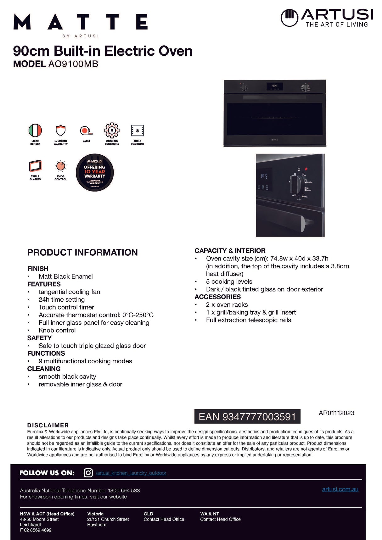 Artusi AO9100MB 90cm Built-in Electric Oven