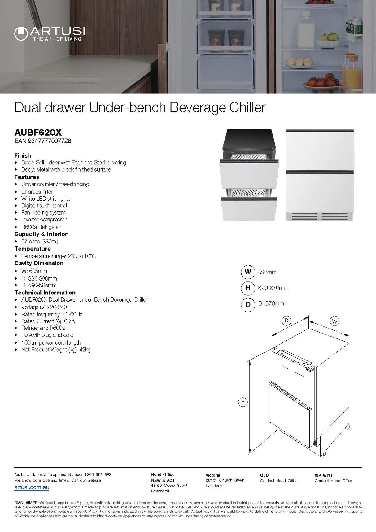 Artusi AUBF620X Dual drawer Underbench Beverage Chiller