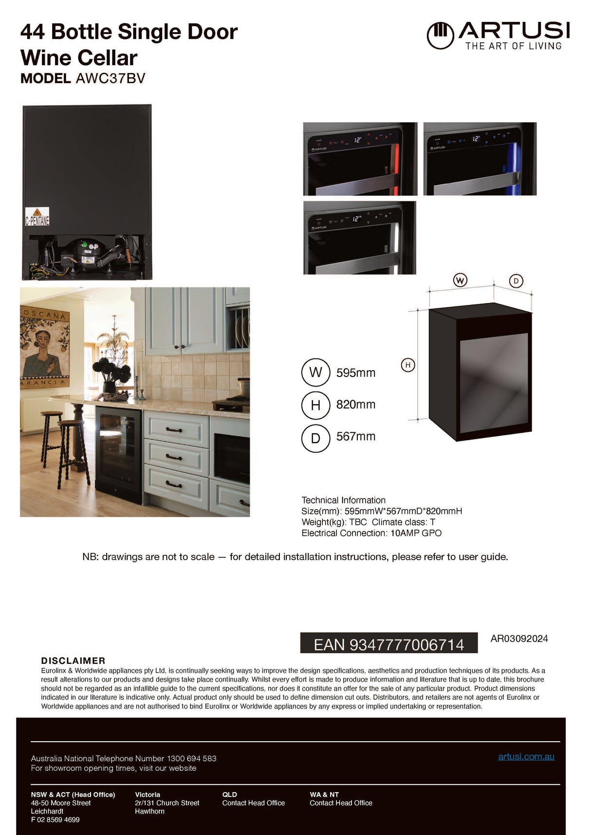 Artusi AWC37BV Dual Zone Wine Cooler, 37 Bottle, Reversible Door, Matte Black