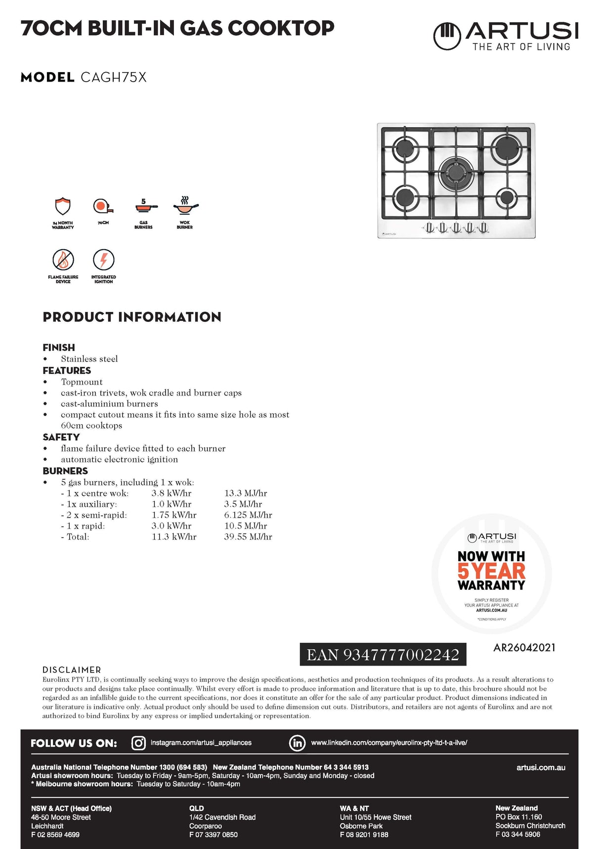 Artusi CAGH75X 70cm Stainless Steel Gas Cooktop