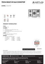 Artusi CAGH75X 70cm Stainless Steel Gas Cooktop