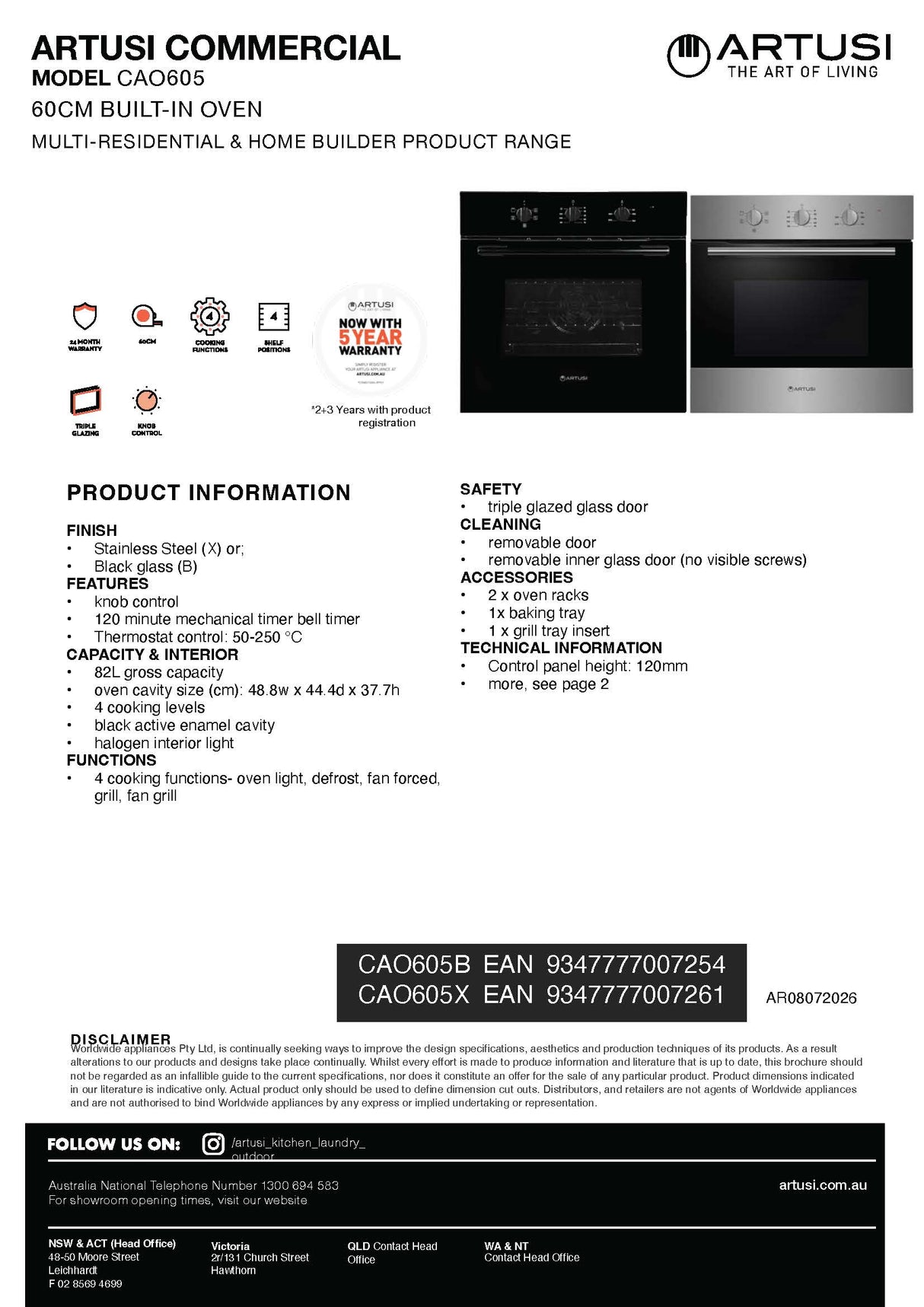 Artusi CAO605X 60cm Built In Electric Oven, Stainless Steel