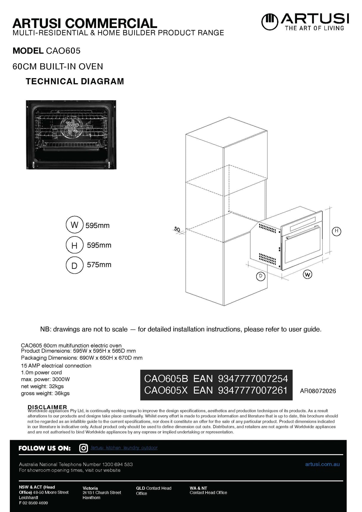 Artusi CAO605B 60cm Built In Electric Oven Black