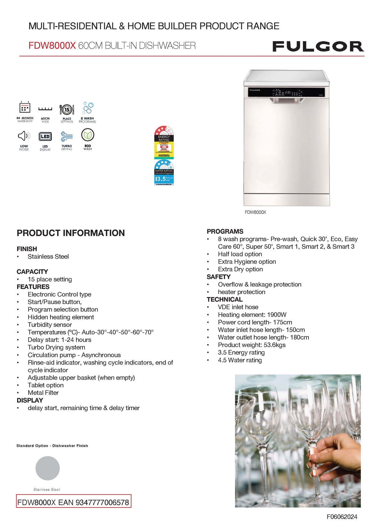 Fulgor FDW8000X 60cm European Made Dishwasher, Stainless Steel