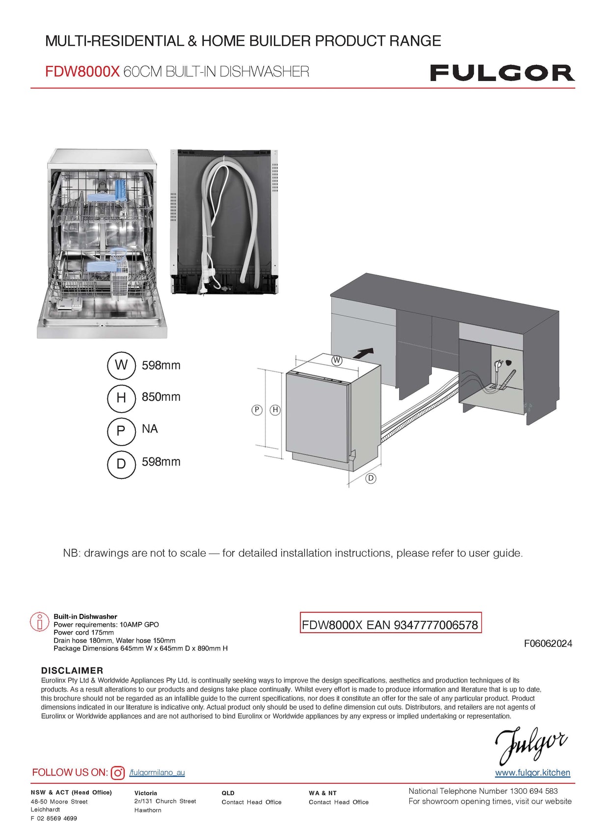 Fulgor FDW8000X 60cm European Made Dishwasher, Stainless Steel