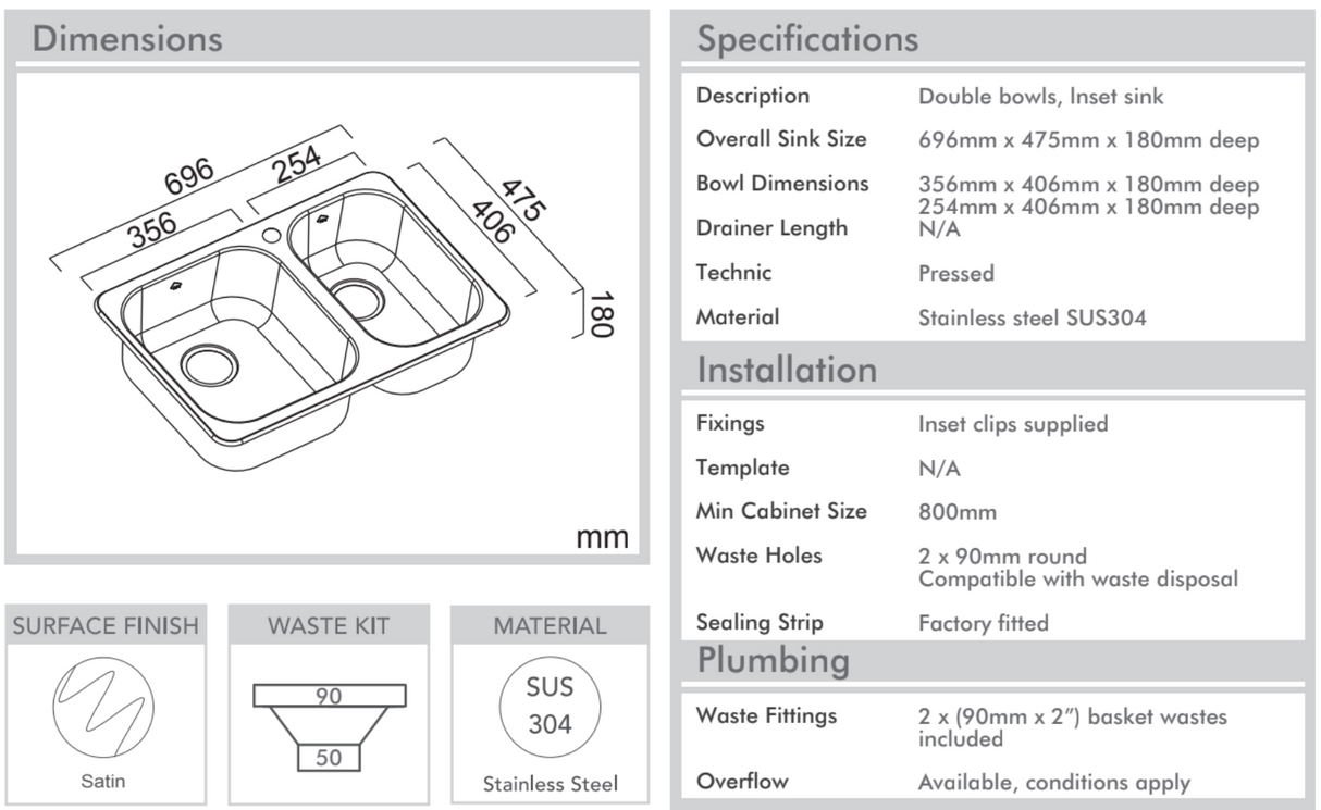 Abey PRC180 Brushed Stainless Steel Sink and Mixer Tap with Accessories