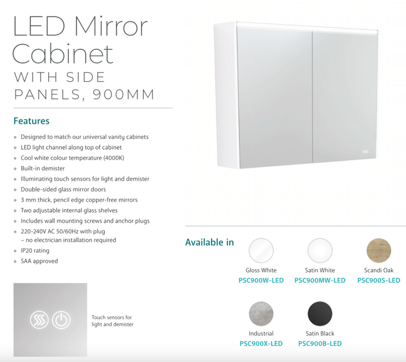 Fienza PSC900MW-LED 900mm Mirror LED Cabinet, Satin White  - Special Order