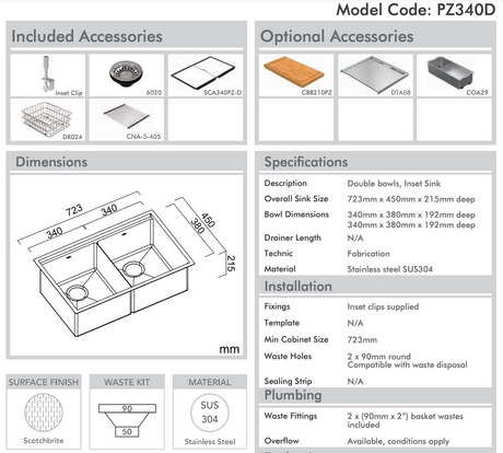 Abey Pz340D Piazza Plus Double Bowl Sink Top Mounted Kitchen Sinks