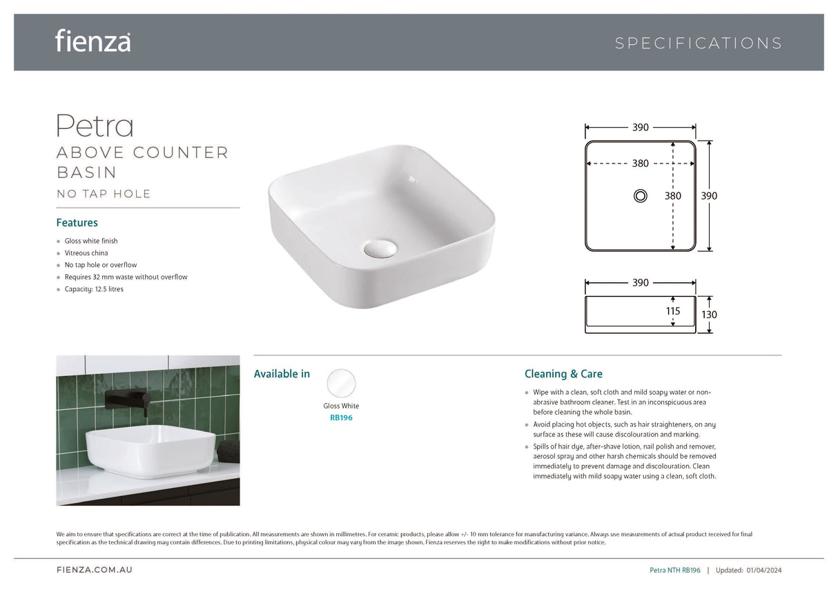 Fienza RB196 Petra Above Counter Basin, Gloss White