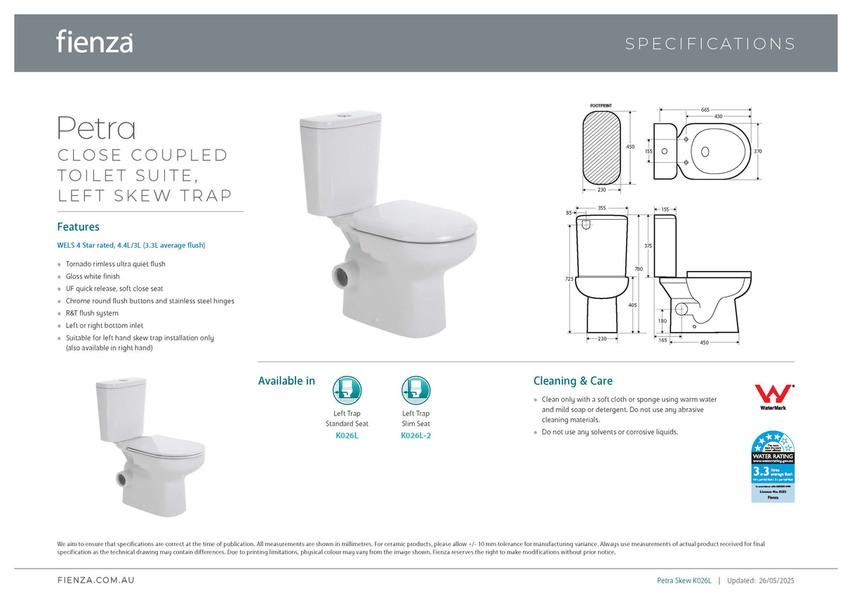 Fienza K026L Petra Close-Coupled Toilet Suite, Left Skew Trap, Gloss White