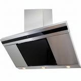 A stainless steel range hood with a black glass front panel and a matching rectangular chimney, shown against a plain white background.