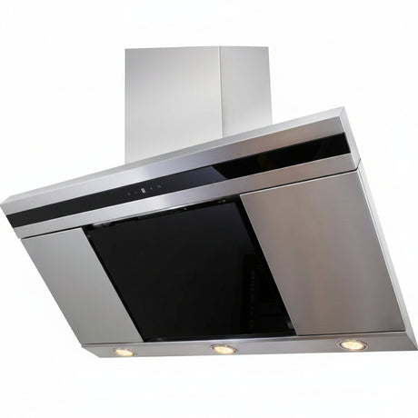 A stainless steel range hood with a black glass front panel and a matching rectangular chimney, shown against a plain white background.