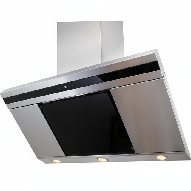 A stainless steel range hood with a black glass front panel and a matching rectangular chimney, shown against a plain white background.