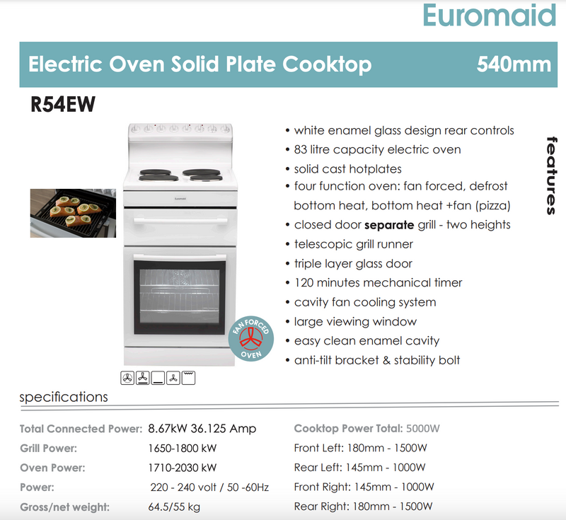 Euromaid R54EW 54cm Freestanding Electric Oven/Stove