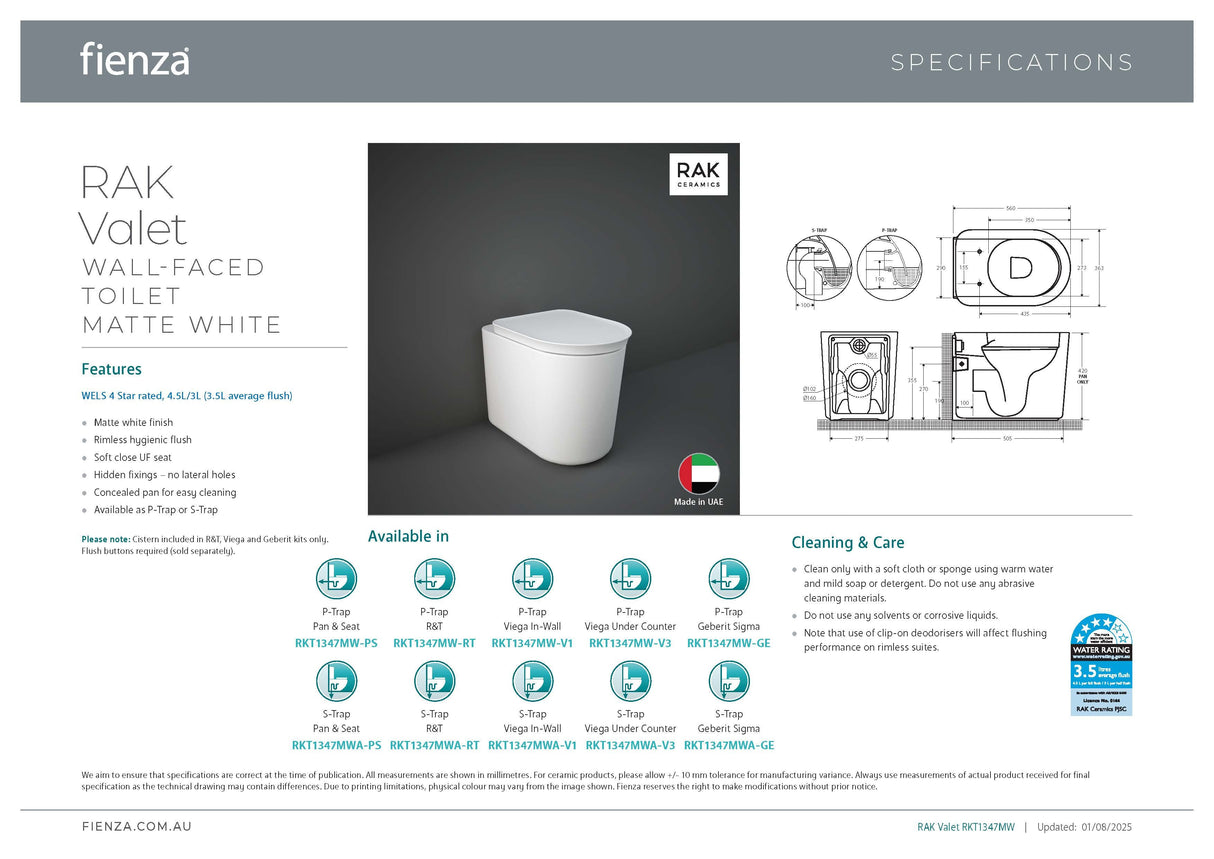 Fienza RKT1347WA-V3 Rak Valet Wall Faced Toilet Suite, S Trap, Viega V-03 Cistern, No Button, Gloss White