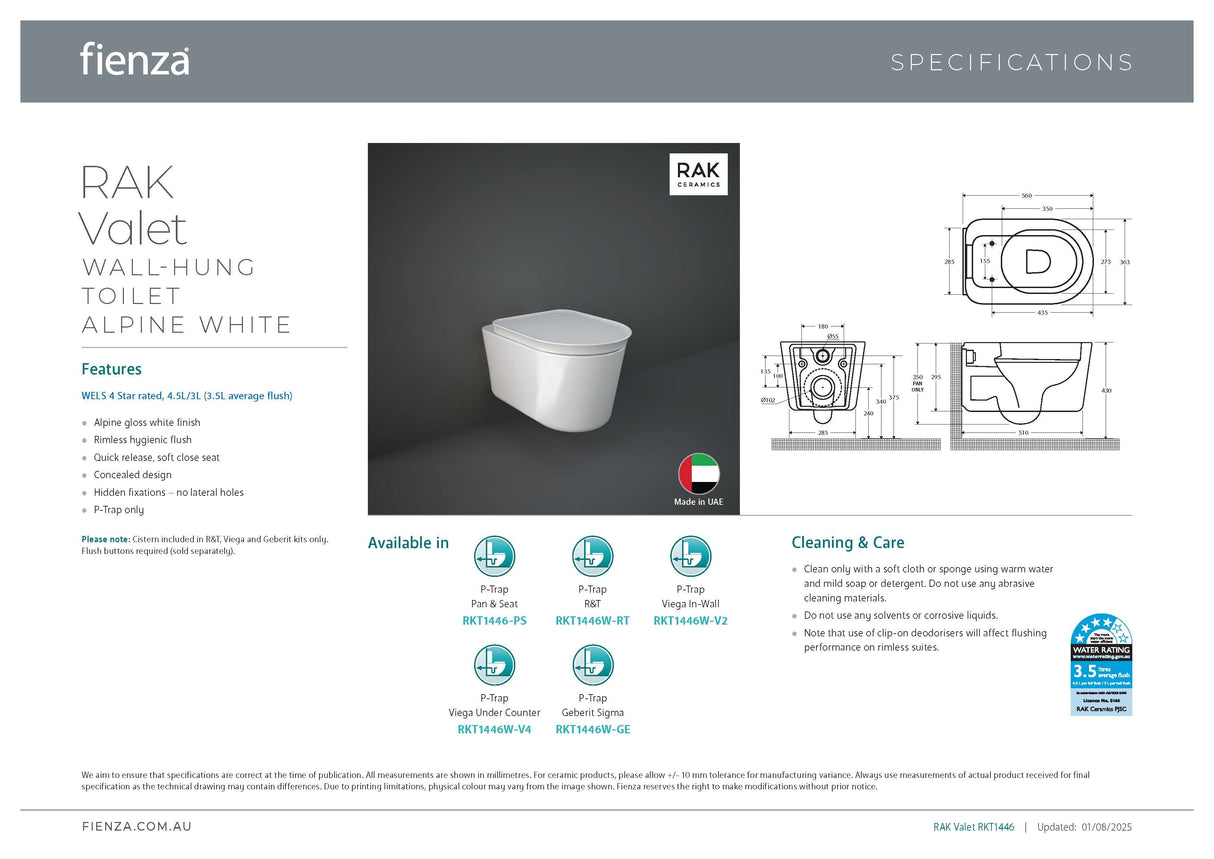 Fienza RKT1446W-GE Rak Valet Wall Hung Toilet Suite, Geberit Sigma Cistern, No Button, Gloss White