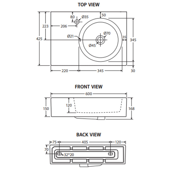 Fienza RB039R-1 Reba Right Bowl Wall Basin, One Tap Hole