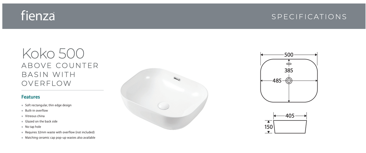 Fienza RB185MW-OF Koko 465mm Above Counter Basin with Overflow, Matte White