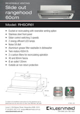 Kleenmaid RHSOR61 60cm Slideout Reversible Venting Rangehood