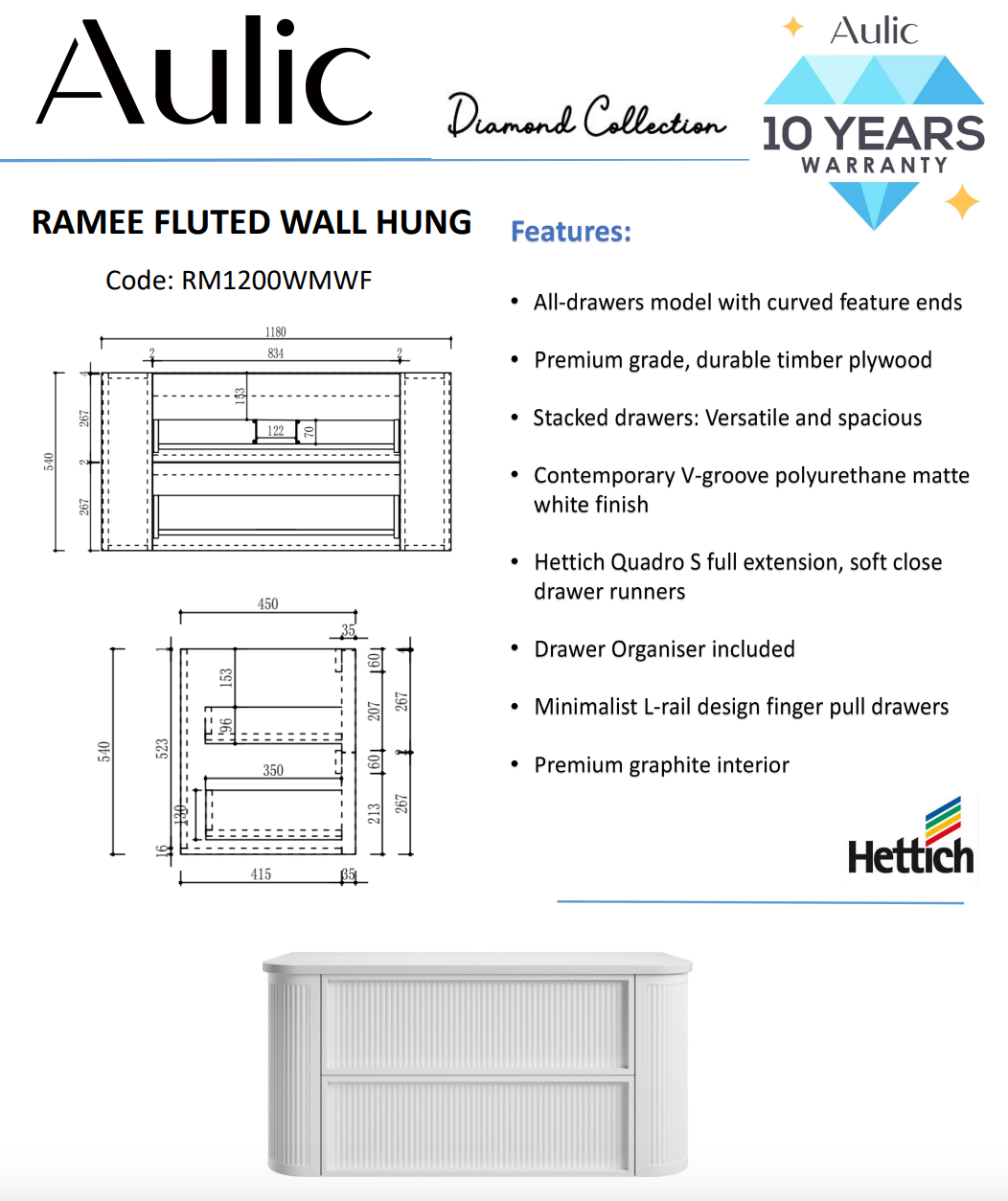 Aulic 1200mm RM1200WMWF Ramee Fluted Wall Hung Vanity, Matte White