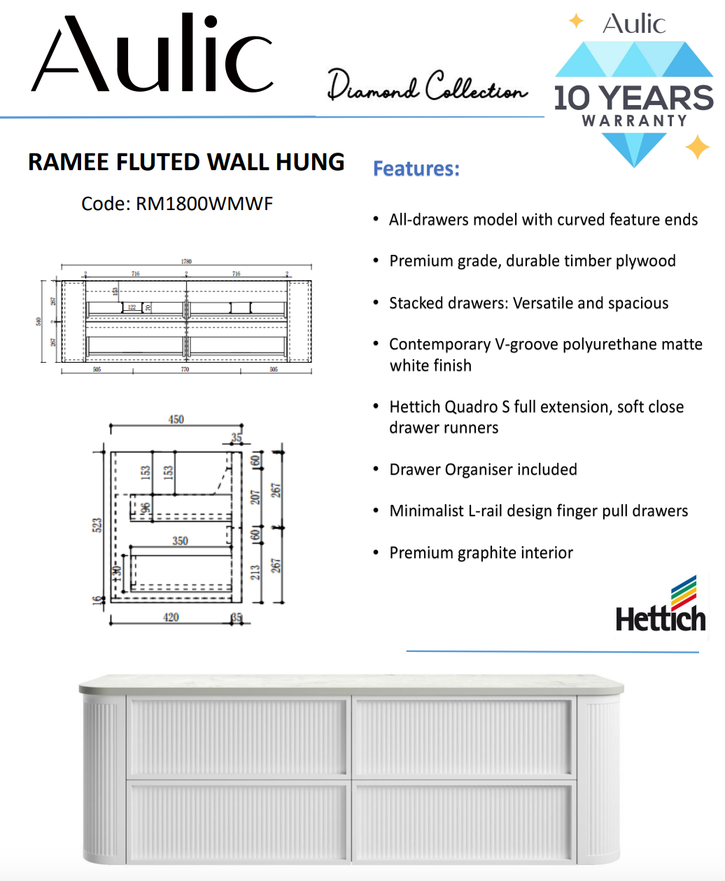 Aulic 1800mm RM1800WMWF Ramee Fluted Wall Hung Double Vanity, Matte White