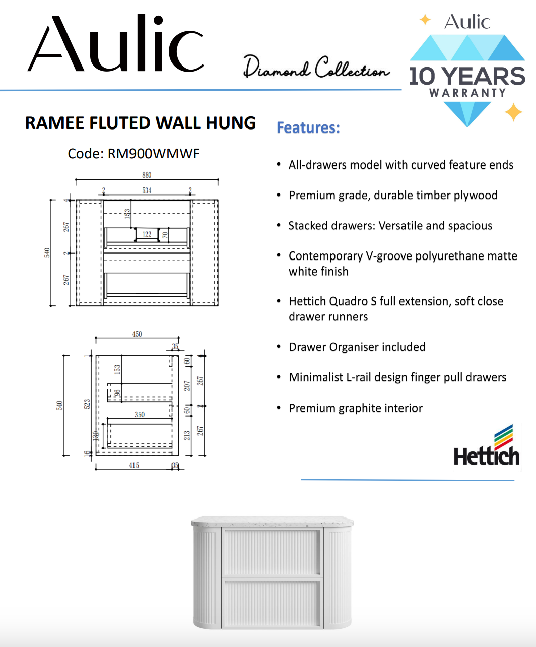 Aulic 900mm Ramee RM900WMWF Fluted Wall Hung Vanity, Matte White