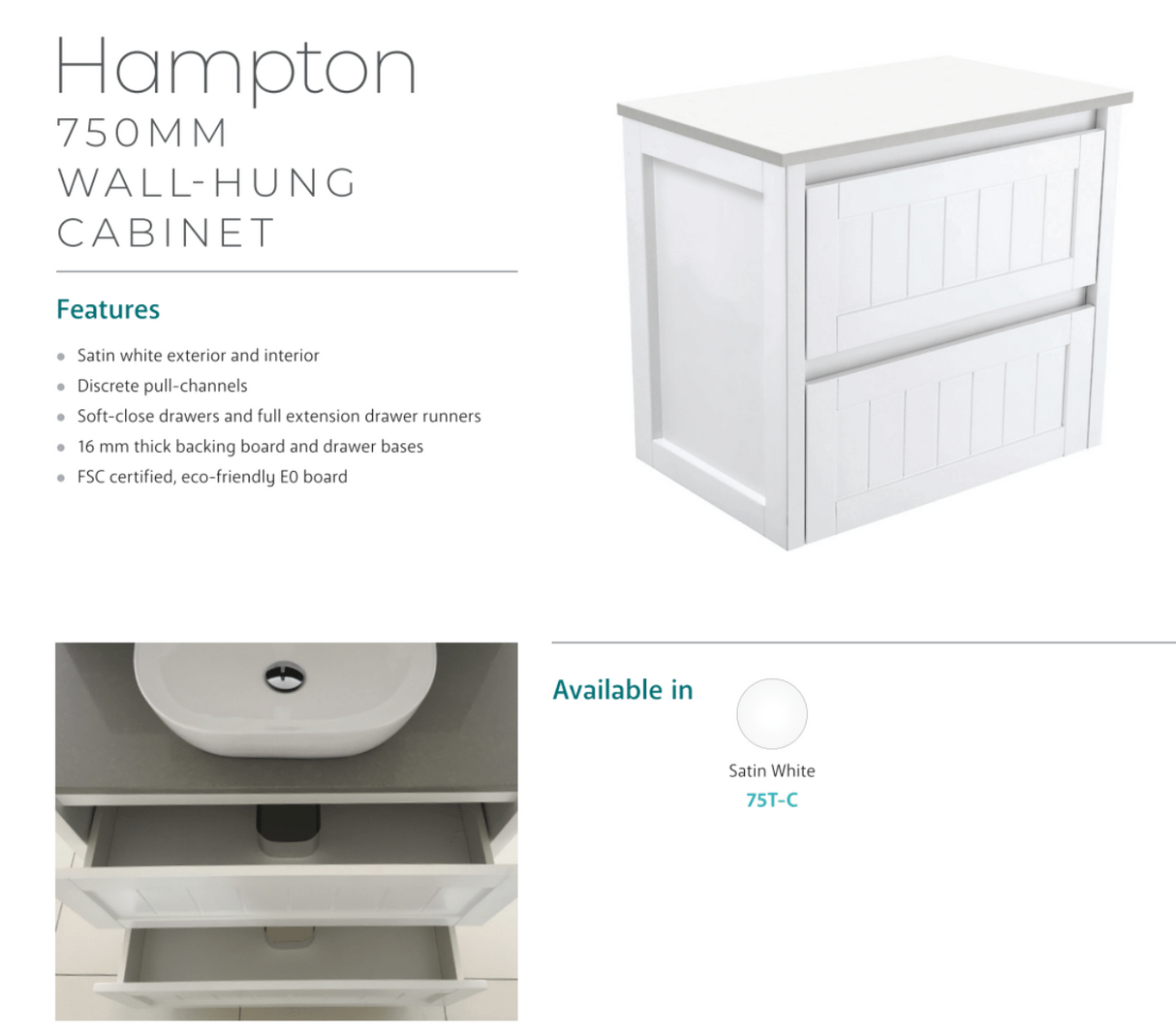 Fienza Rotondo Rot75T Hampton 750Mm Wall Hung Vanity Unit White - Special Order Units