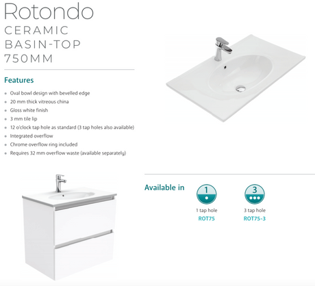 Fienza Rotondo Hampton 750Mm Rot75Tk White Vanity Unit On Kickboard- Special Order Units