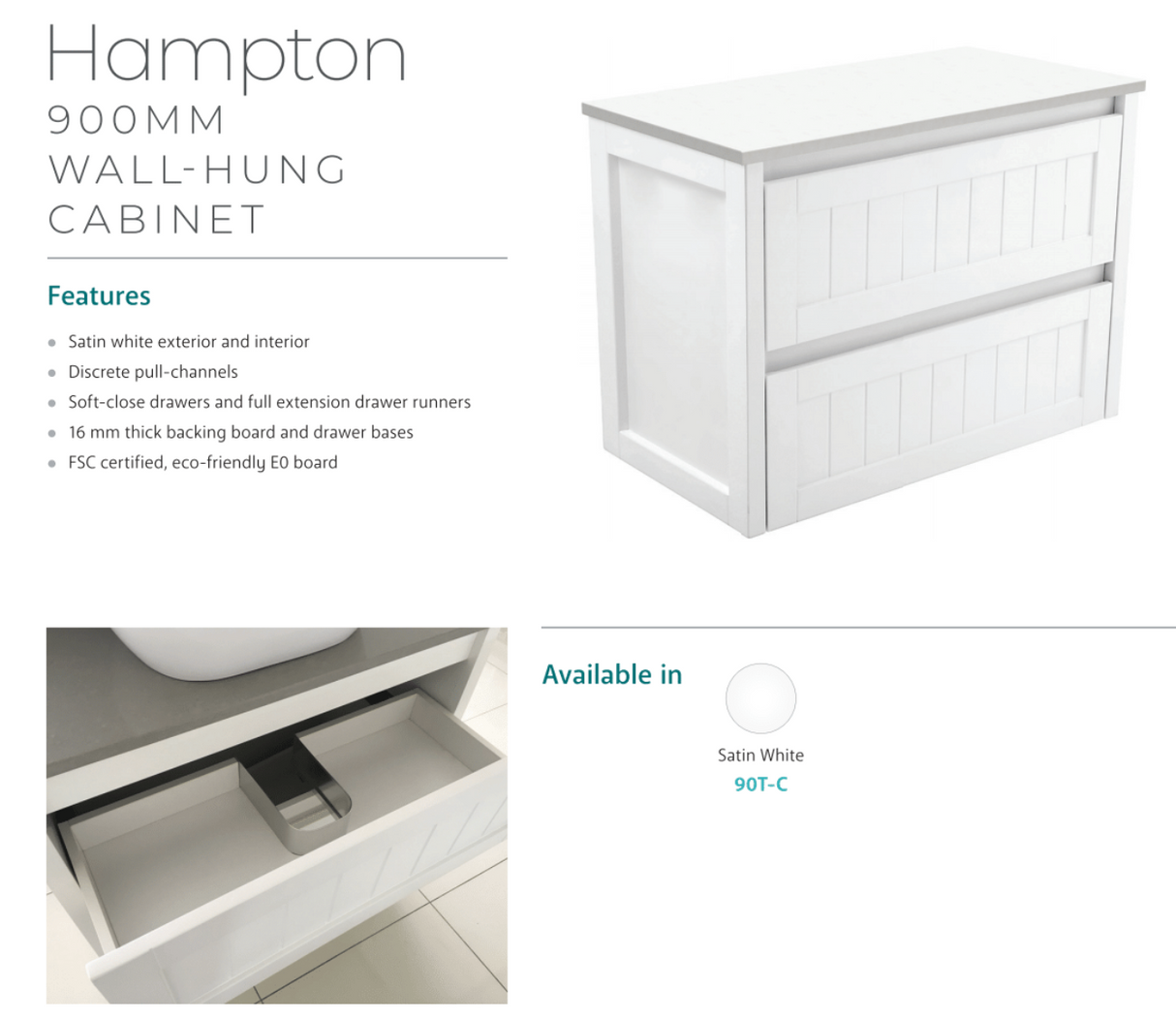 Fienza Rotondo Hampton Rot90T 900Mm White Wall Hung Vanity Unit - Special Order Units