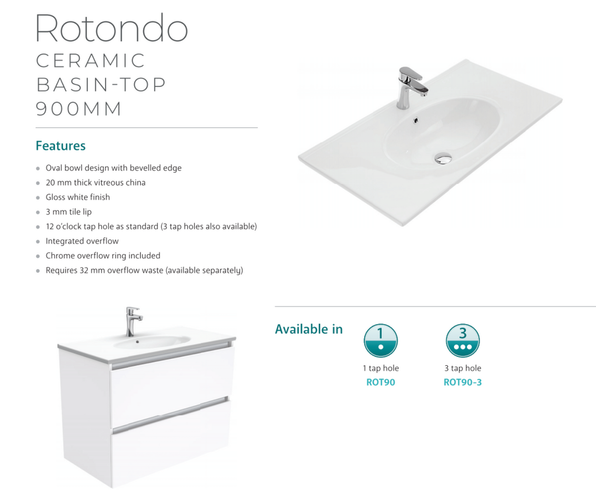 Fienza Rotondo Hampton Rot90T 900Mm White Wall Hung Vanity Unit - Special Order Units