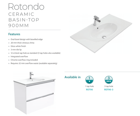 Fienza Rotondo Hampton Rot90T 900Mm White Wall Hung Vanity Unit - Special Order Units