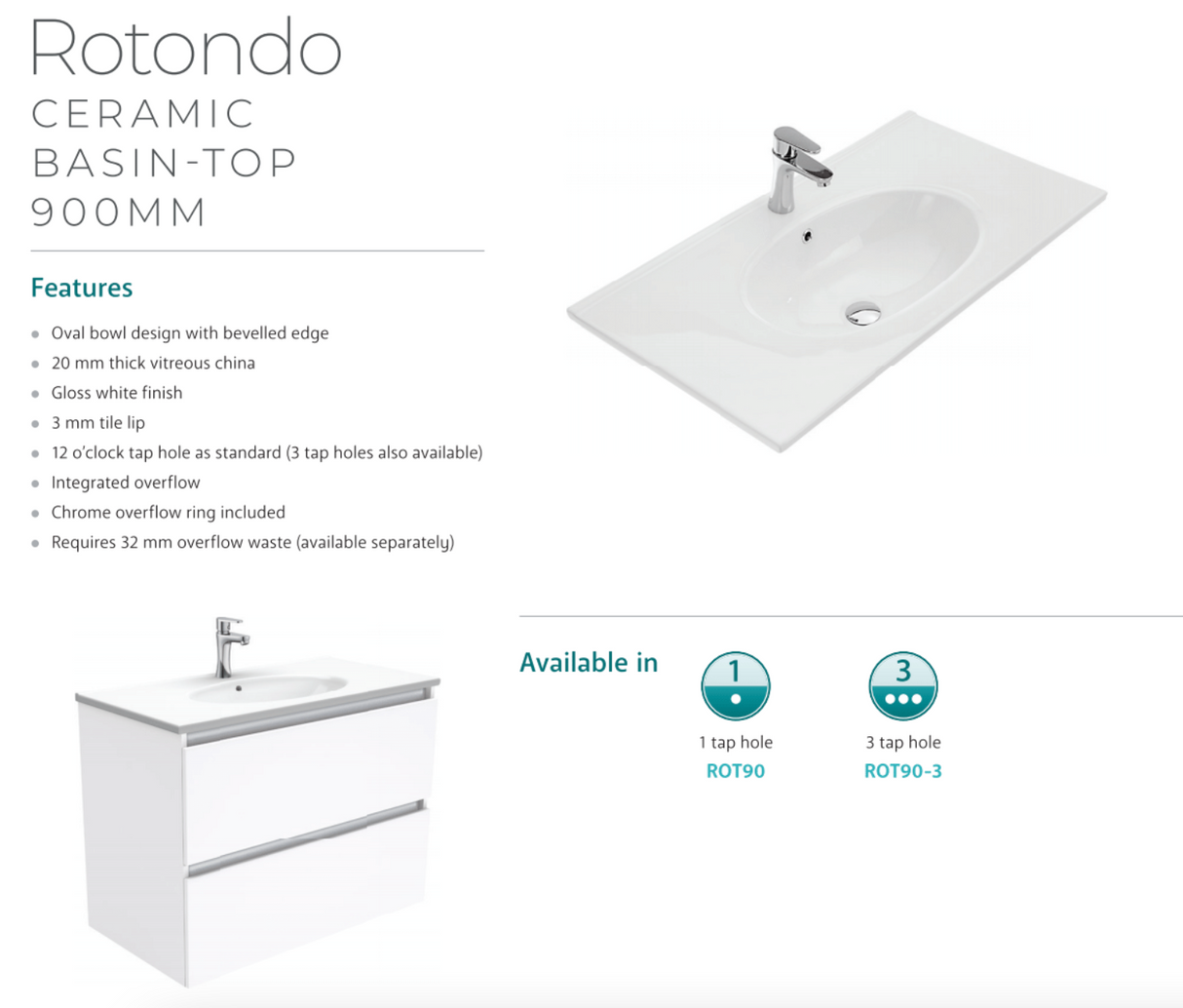 Fienza Rotondo 900Mm Rot90Tk Hampton White Vanity Unit On Kickboard - Special Order Units