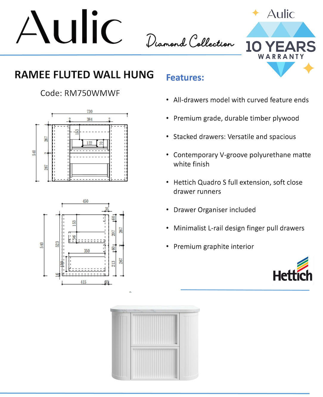 Aulic 750mm Ramee RM750WMWF Fluted Wall Hung Vanity with Stone Top, Matte White
