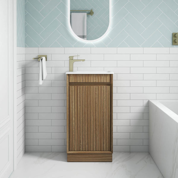 Aulic Ravia 450mm MRV450SHAF-SNT29N Compact Floor Standing Fluted Vanity, No Tap Hole, Harvest Oak