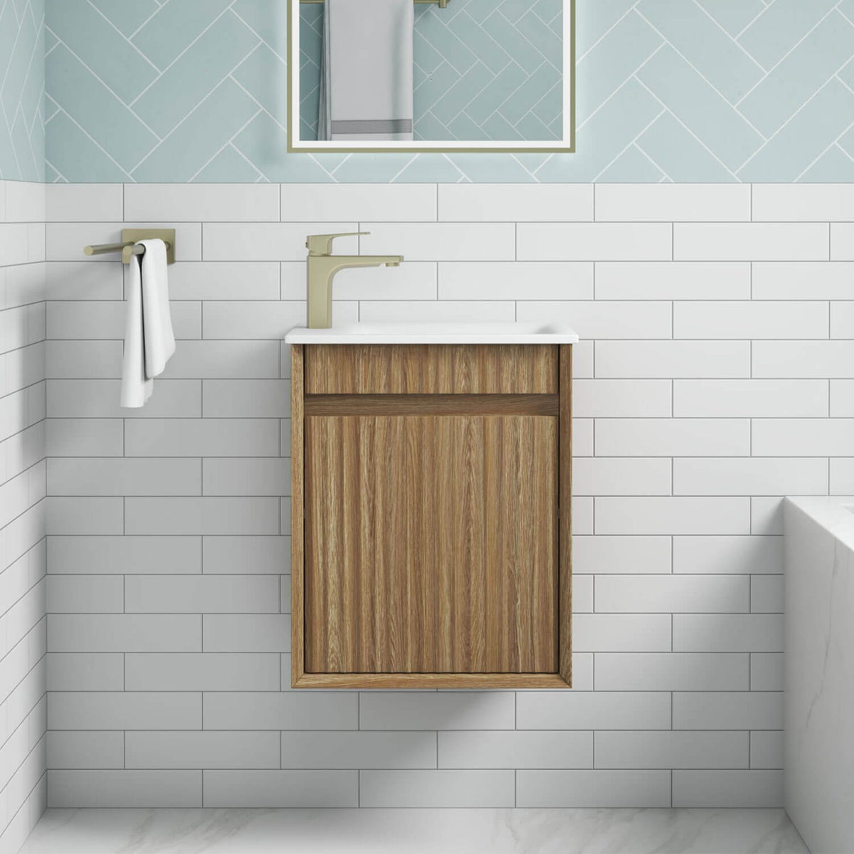 Aulic Ravia 450mm MRV450WHAF-SNT29N Compact Fluted Wall Hung Vanity, No Tap Hole, Harvest Oak
