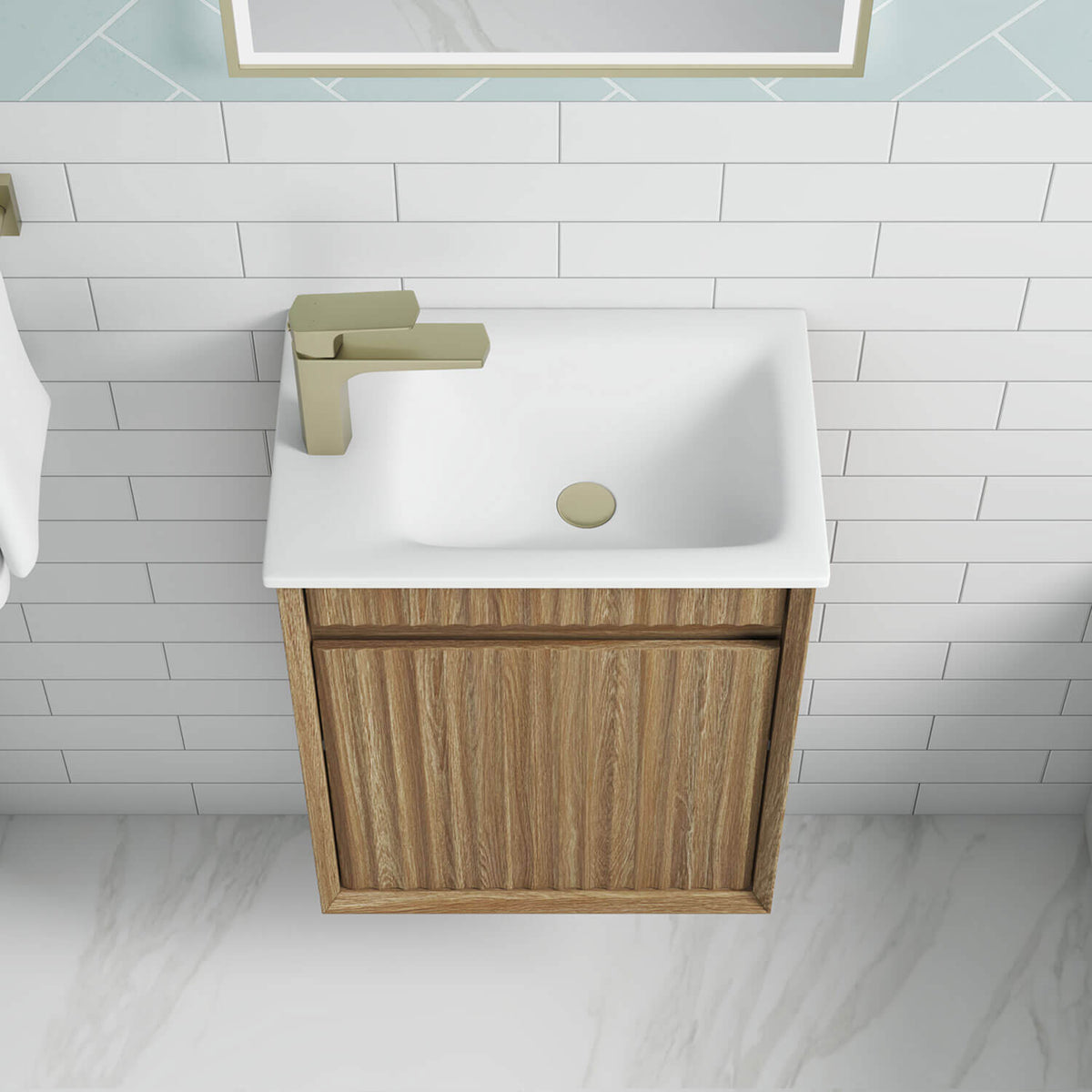 Aulic Ravia 450mm MRV450WHAF-SNT29 Compact Fluted Wall Hung Vanity, One Tap Hole, Harvest Oak