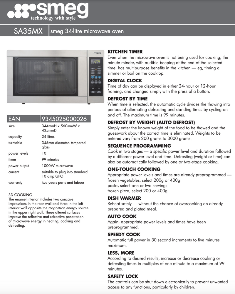 Smeg SA35MX 34L Microwave 1000W - New Old Stock Clearance Discount