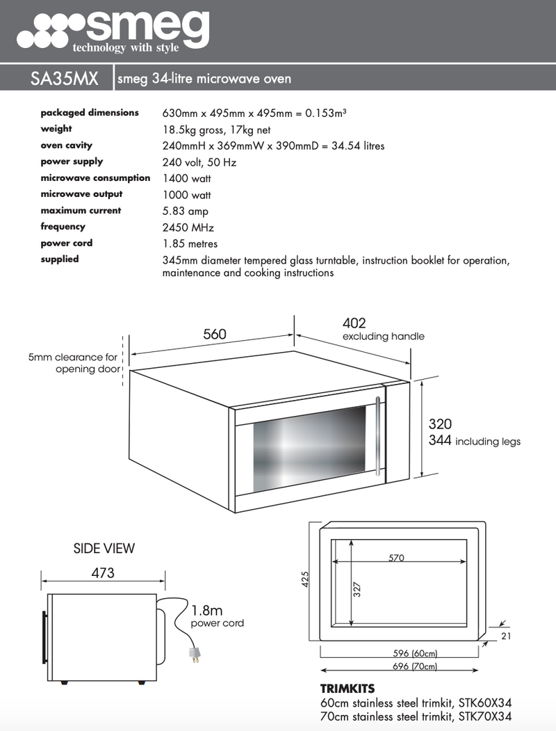 Smeg SA35MX 34L Microwave 1000W - New Old Stock Clearance Discount