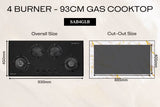 Goldline SAB4GLB 93cm Black Narrow 4 Burner Gas Cooktop
