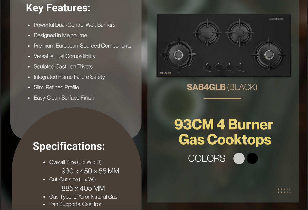 Goldline SAB4GLB 93cm Black Narrow 4 Burner Gas Cooktop