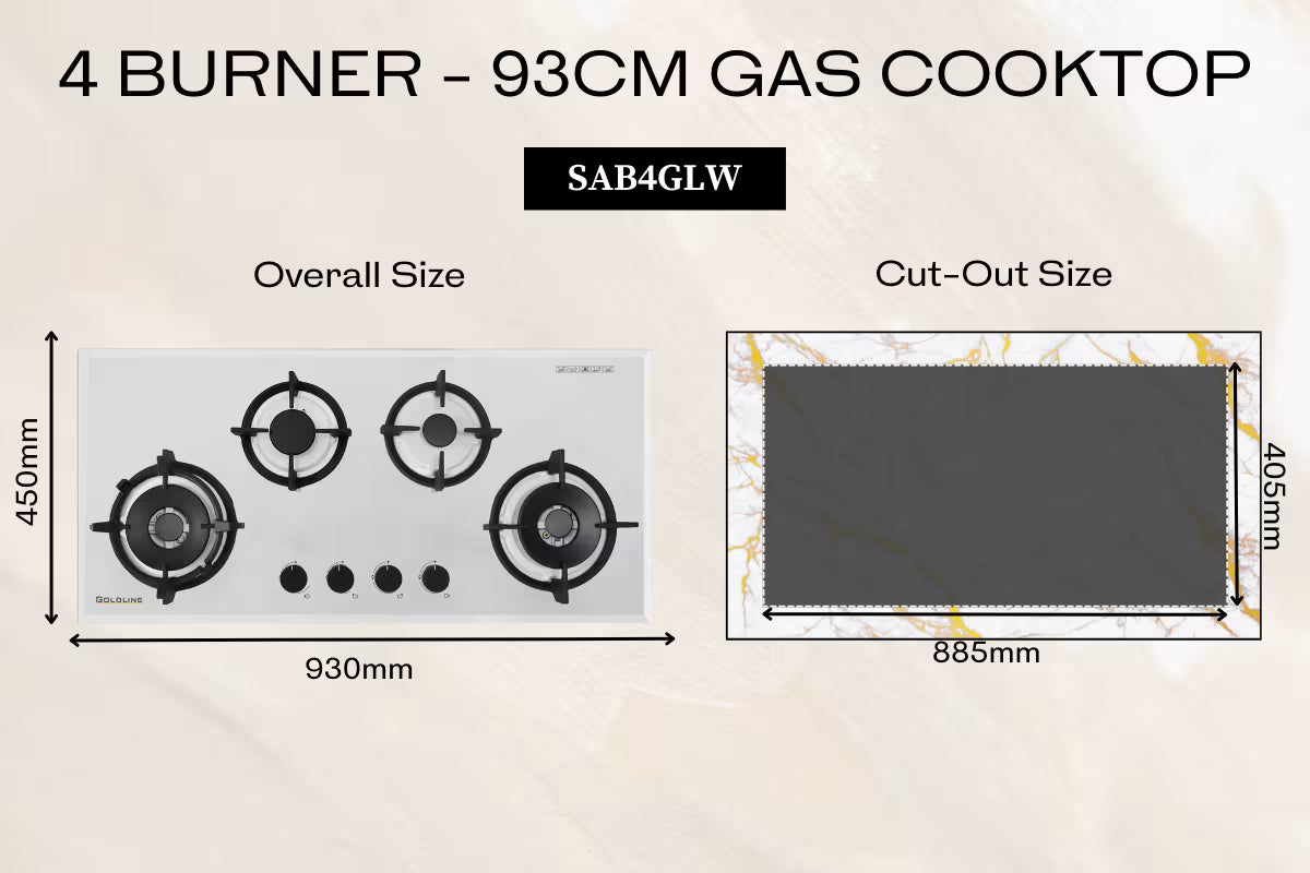 Goldline SAB4GLW 93cm White Glass Narrow 4 Burner Gas Cooktop