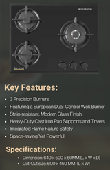Goldline SAB603S 64cm Black 3 Burner Gas Cooktop