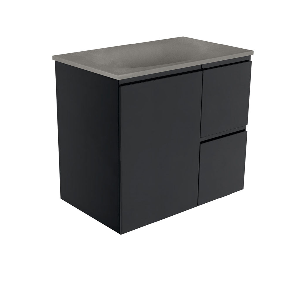 Fienza SAT75ZBR Satori Fingerpull Wall Hung Vanity, 750mm, Right Drawers, Satin Black