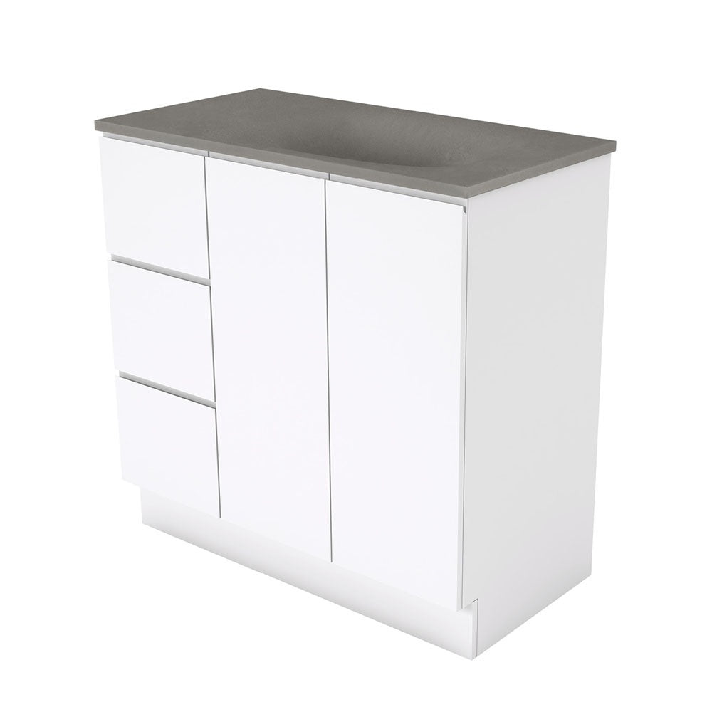 Fienza SAT90CL Satori Fingerpull On Kickboard Vanity, 900mm, Left Drawers, Gloss White